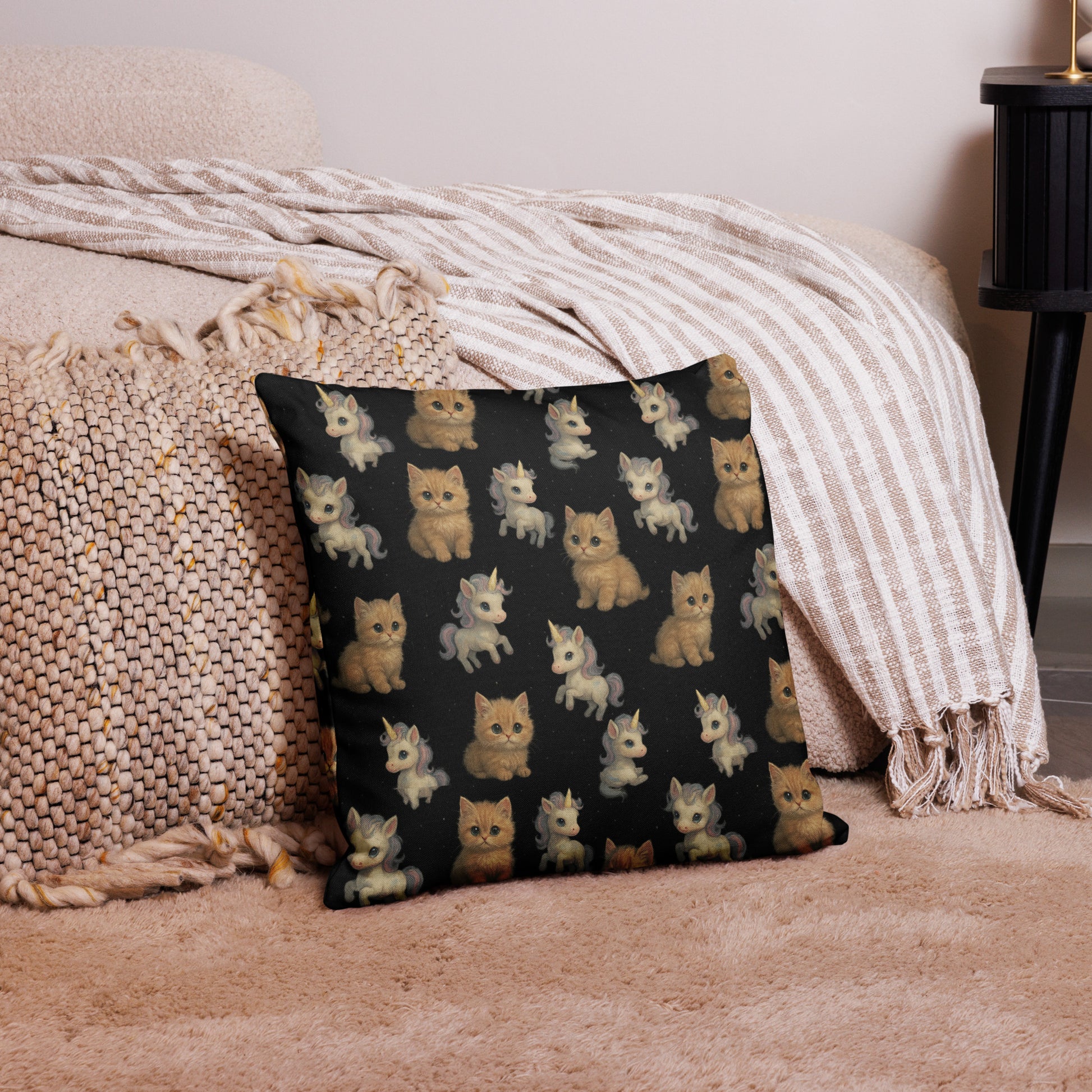 Decorative pillow with cat pattern on a couch