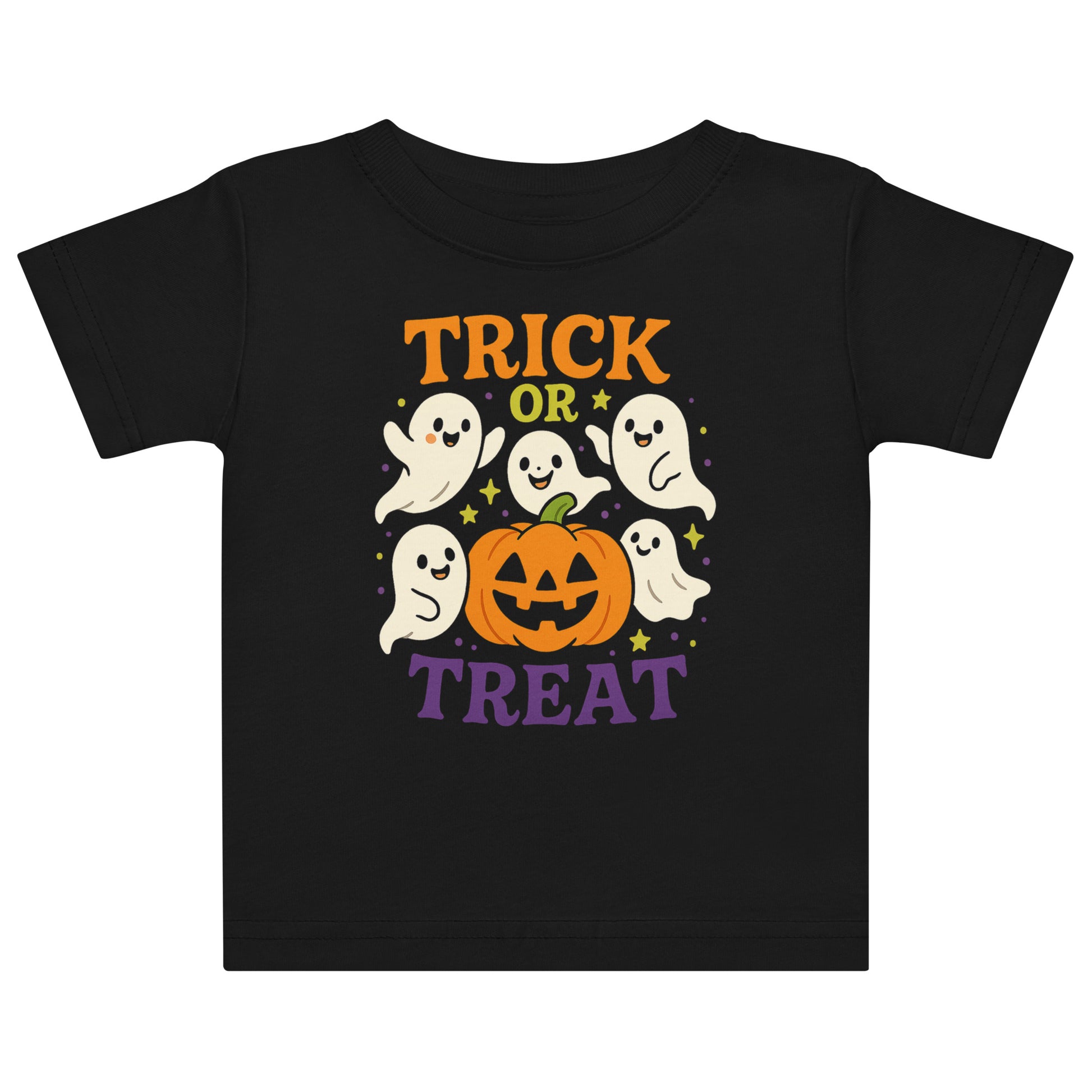 black shirt with ghosts and a pumpkin and the text "Trick or Treat"