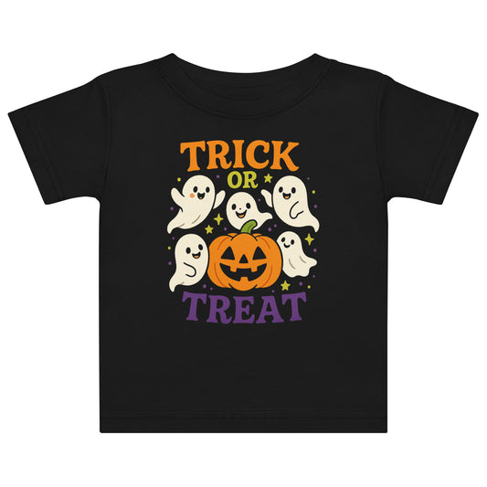 black shirt with ghosts and a pumpkin and the text "Trick or Treat"