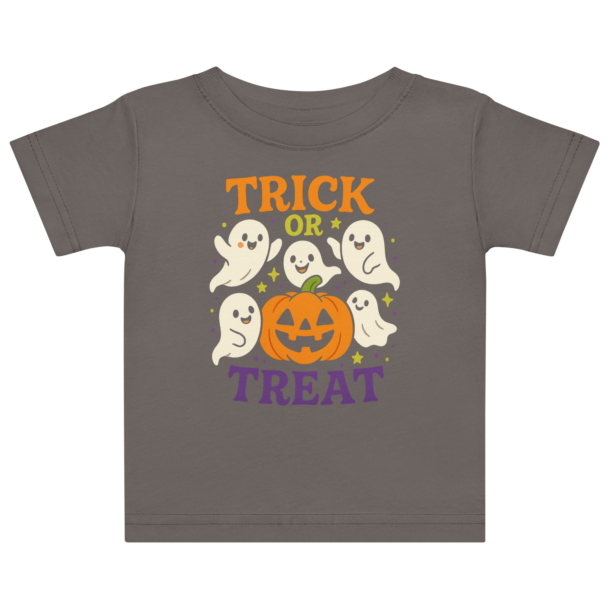 brown shirt with ghosts and a pumpkin and the text "Trick or Treat"