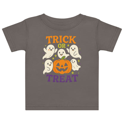 brown shirt with ghosts and a pumpkin and the text "Trick or Treat"
