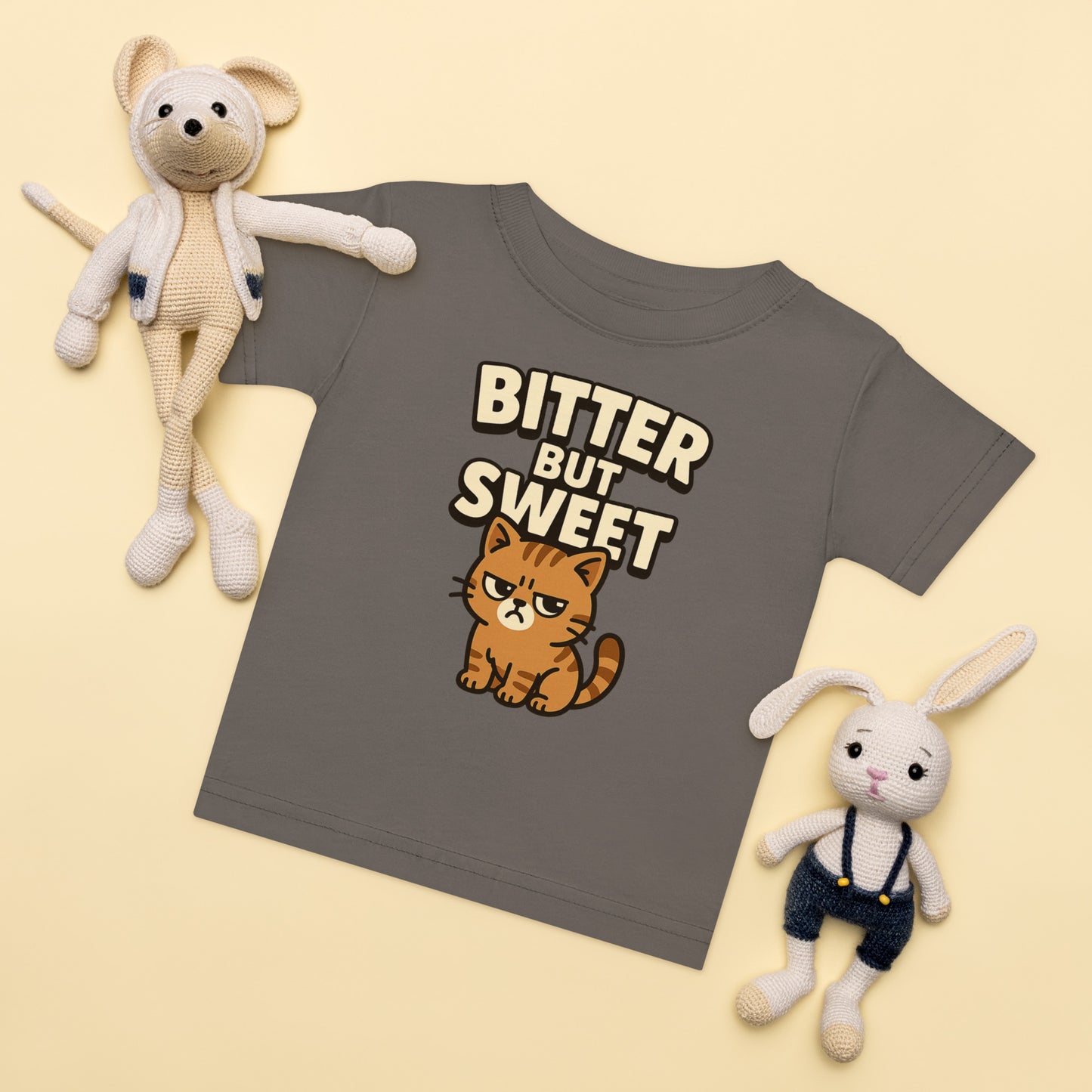 Gray t-shirt with a cat graphic and text, surrounded by two plush toys on a light yellow background