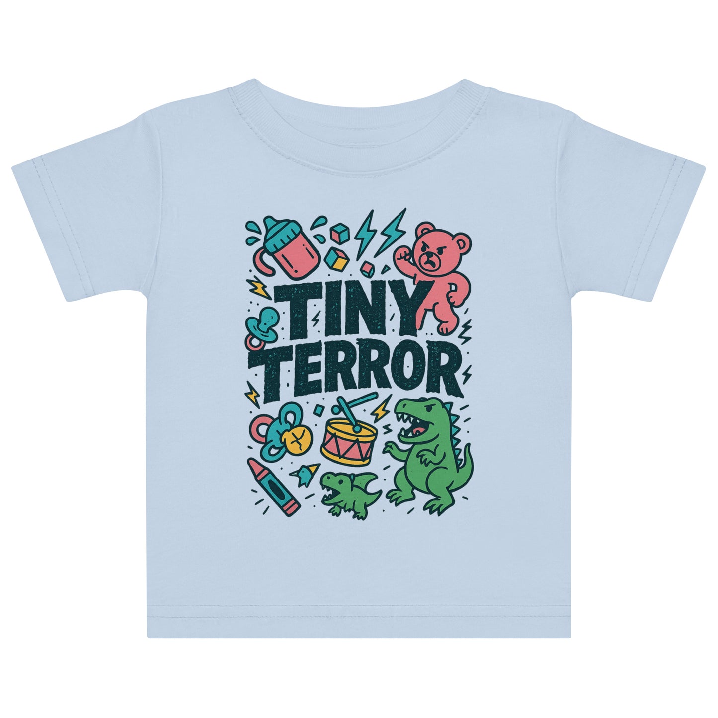Light blue t-shirt with 'Tiny Terror' graphic design featuring a bear, dinosaur, and various icons on a white background.