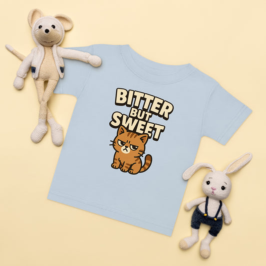 Light blue t-shirt with a cat graphic and text, surrounded by two plush toys on a yellow background