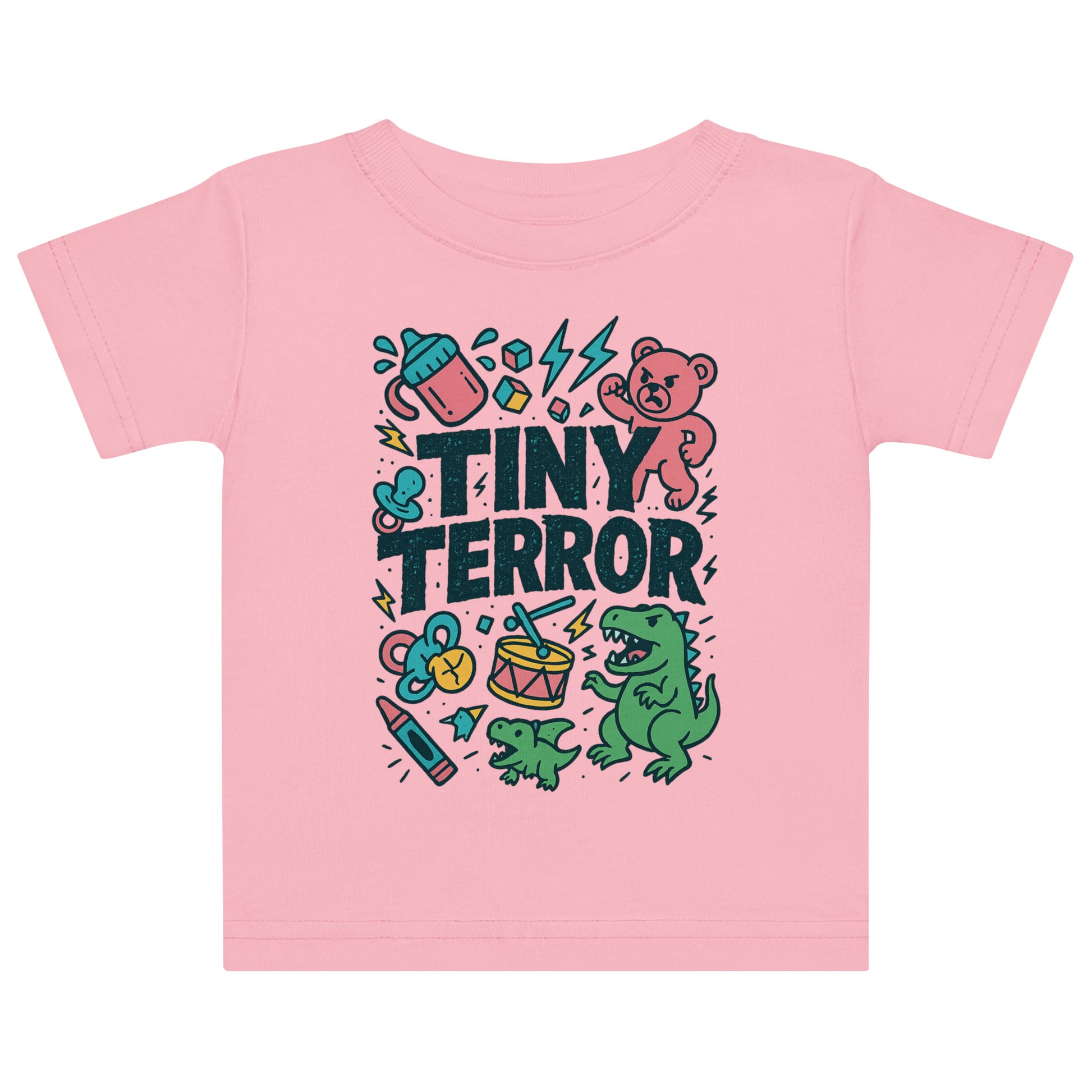 Pink t-shirt with 'Tiny Terror' design featuring a bear, dinosaur, and various icons on a white background.