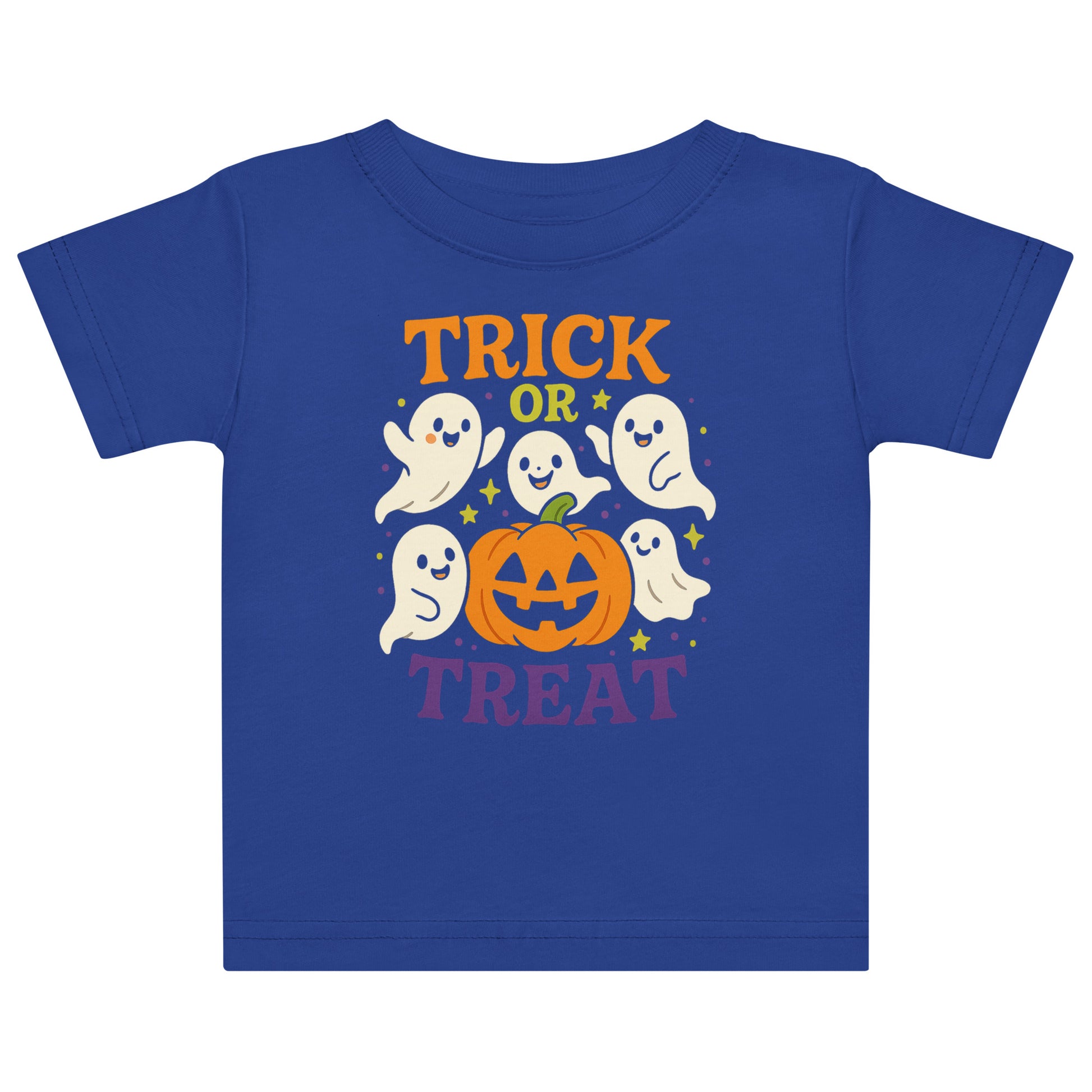 blue shirt with ghosts and a pumpkin and the text "Trick or Treat"