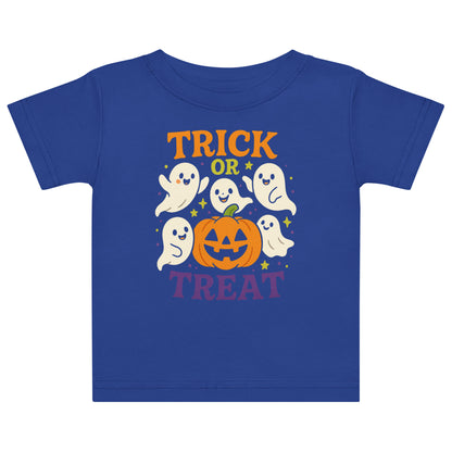 blue shirt with ghosts and a pumpkin and the text "Trick or Treat"