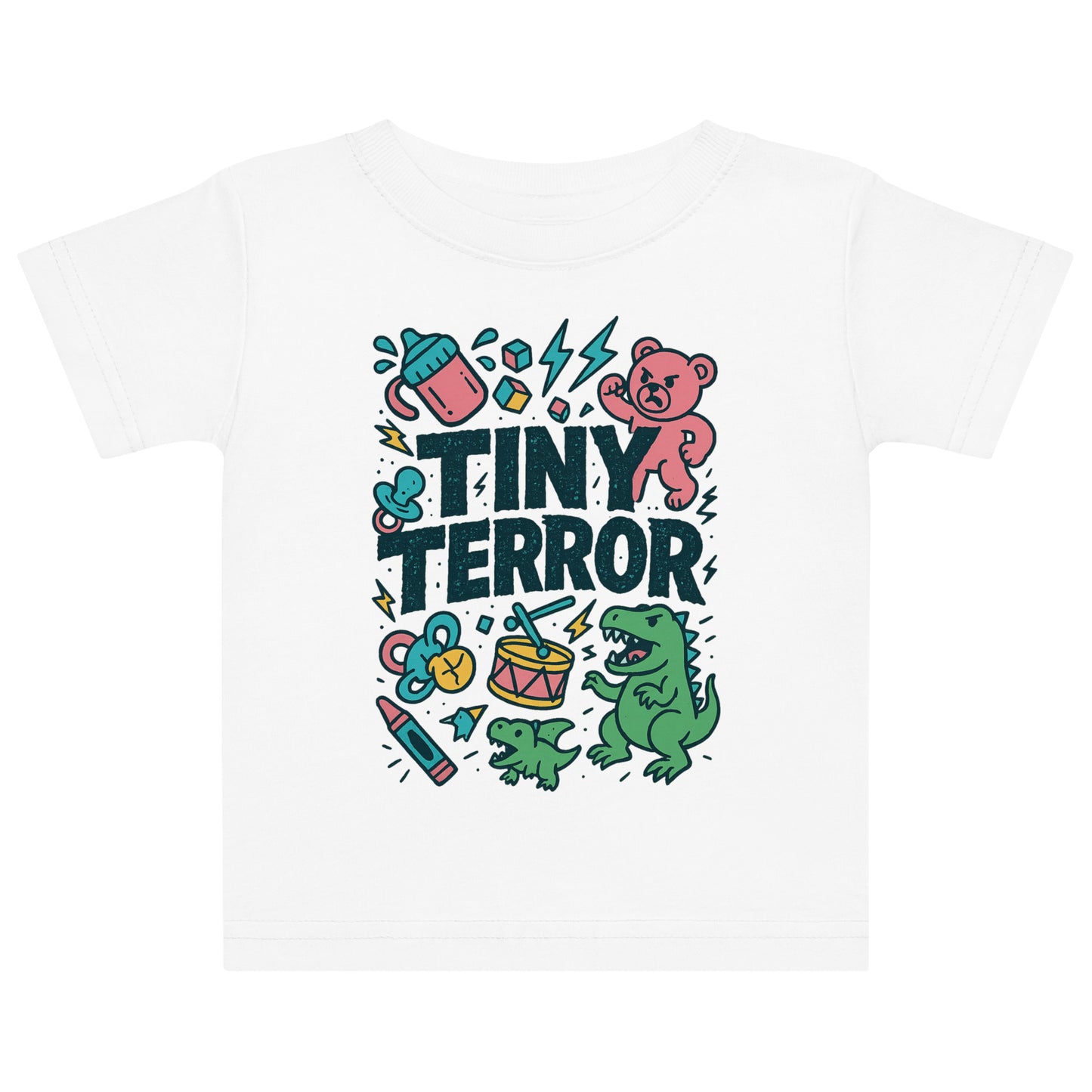 White t-shirt with colorful 'Tiny Terror' graphic design featuring a bear, dinosaur, and various symbols on a white background.