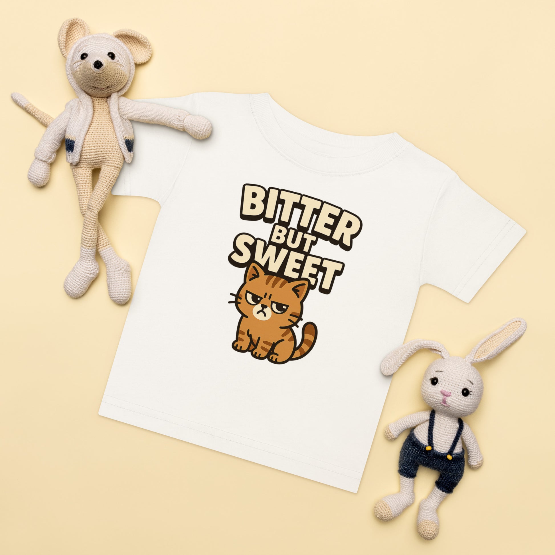 White t-shirt with a cat graphic and 'Bitter But Sweet' text, surrounded by two plush toys on a beige background.