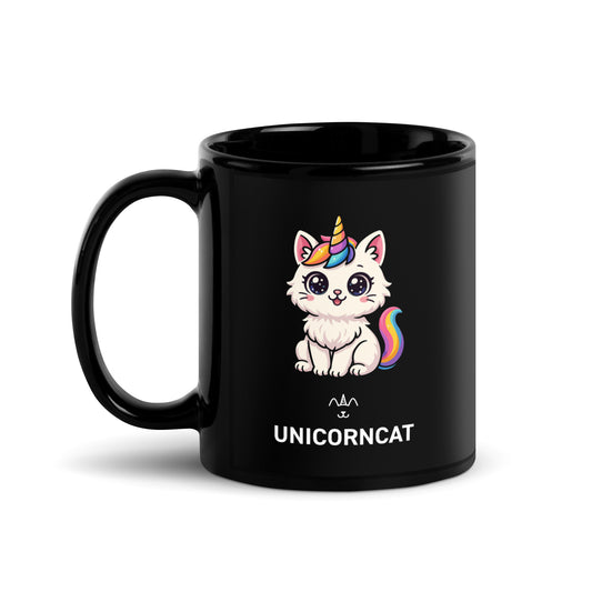 Black mug with a cartoon cat unicorn design and 'UNICORNCAT' text on a white background