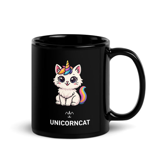 Black mug with a cartoon unicorn cat design and 'UNICORNCAT' text on a white background