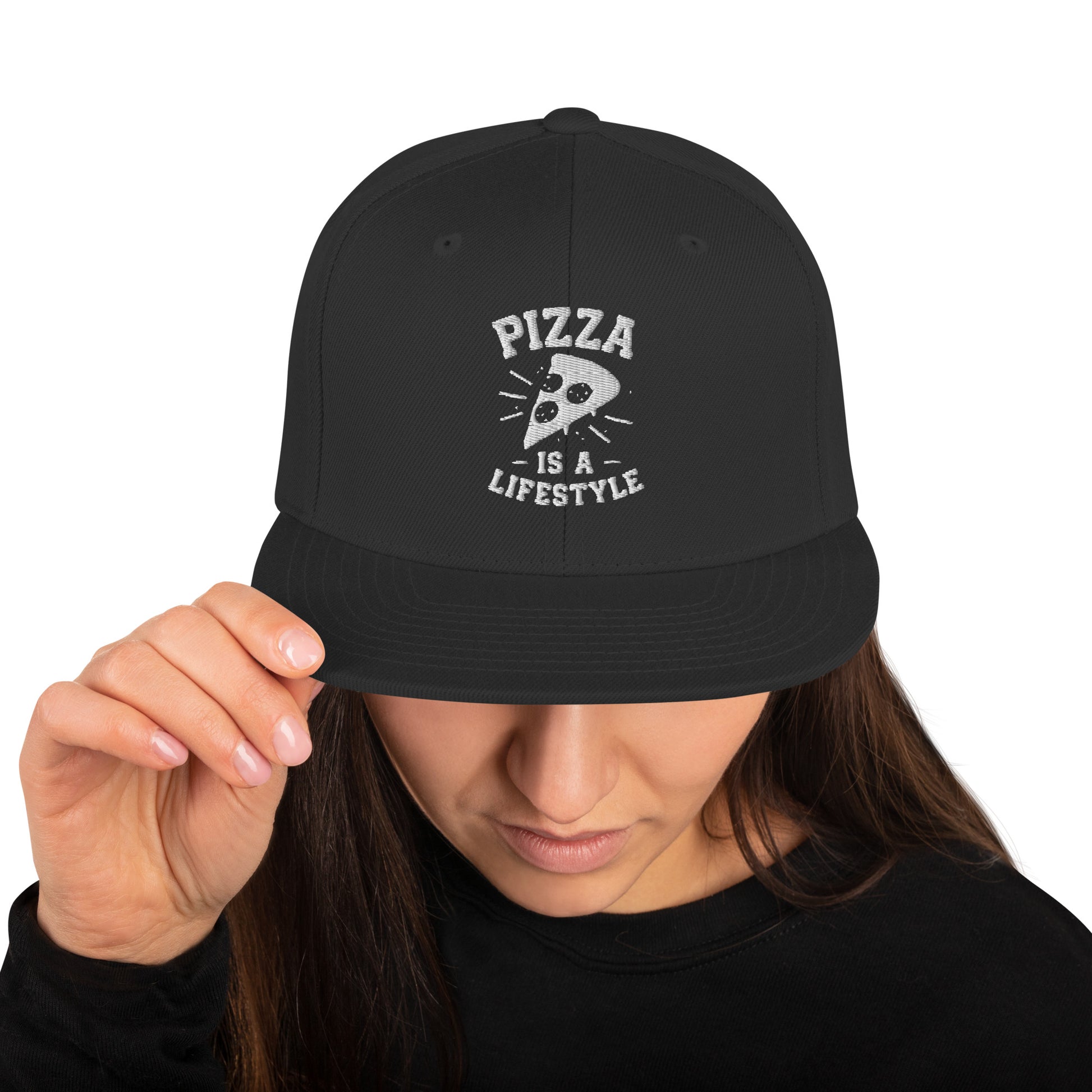 Black hat with white text "Pizza is a lifestyle"