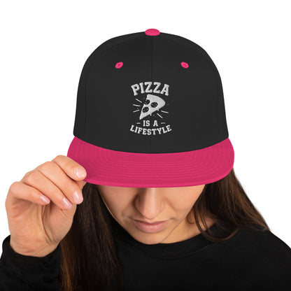 Black hat with white text "Pizza is a lifestyle" with pink accents