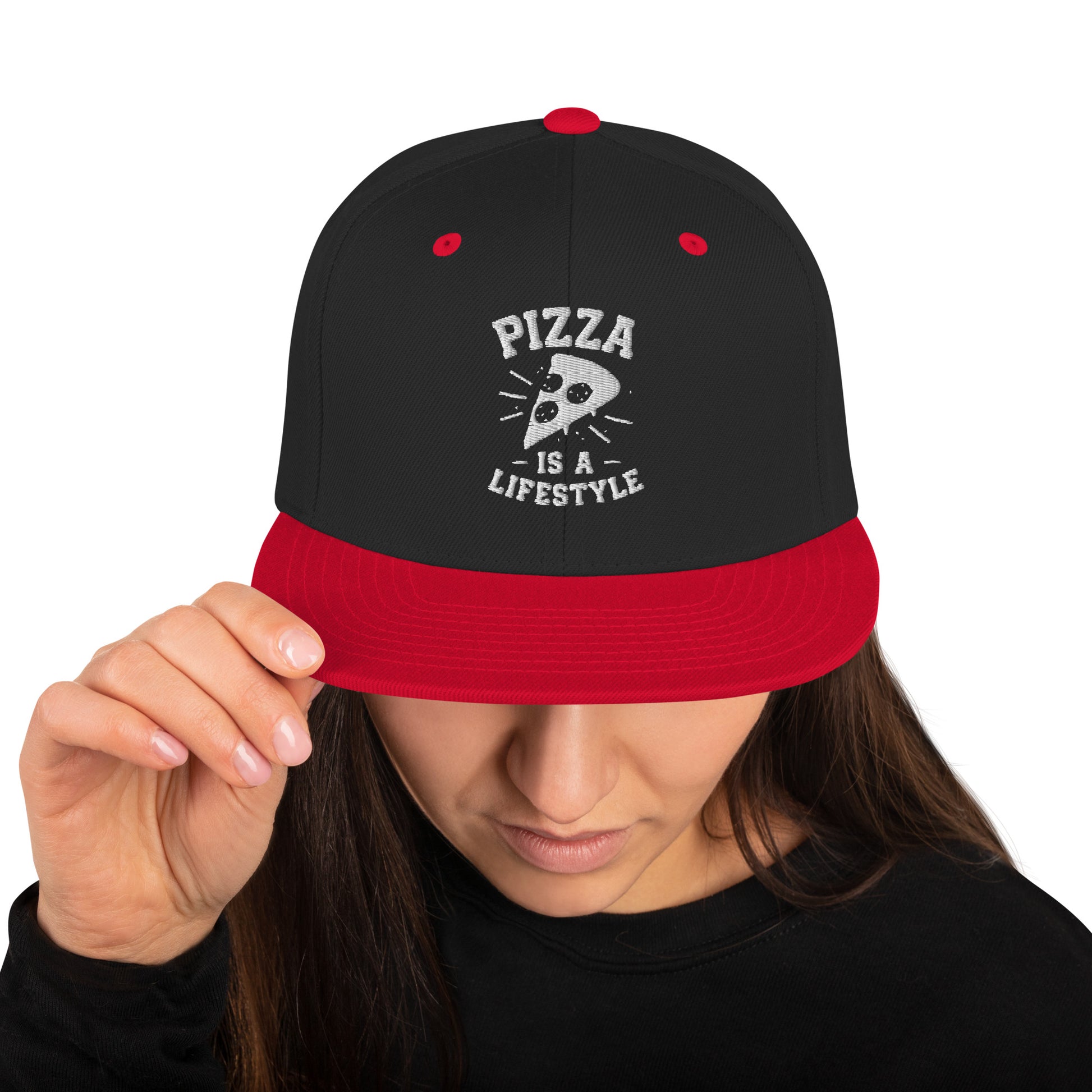 Black hat with white text "Pizza is a lifestyle" with red highlights