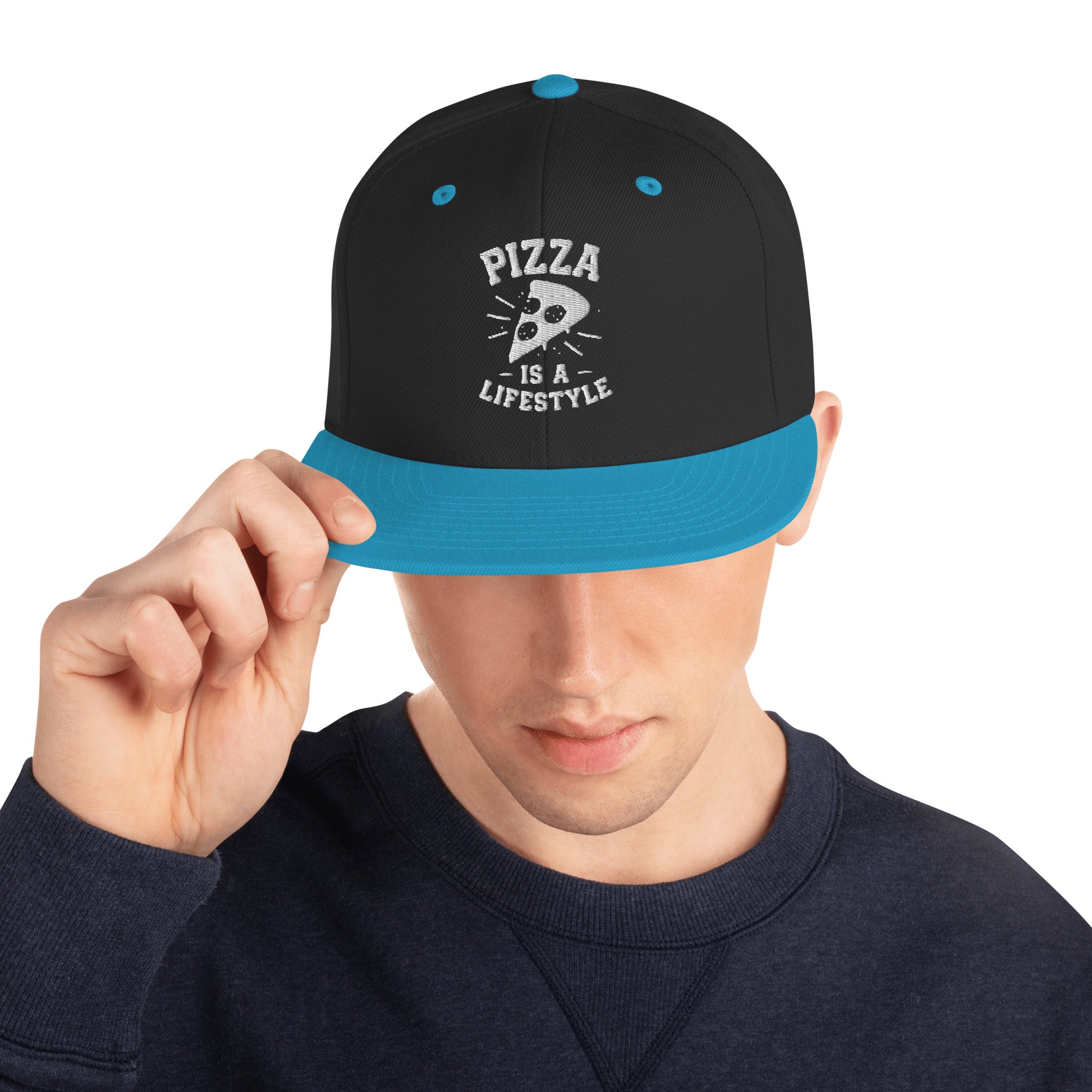 Black hat with white text "Pizza is a lifestyle" and blue highlights