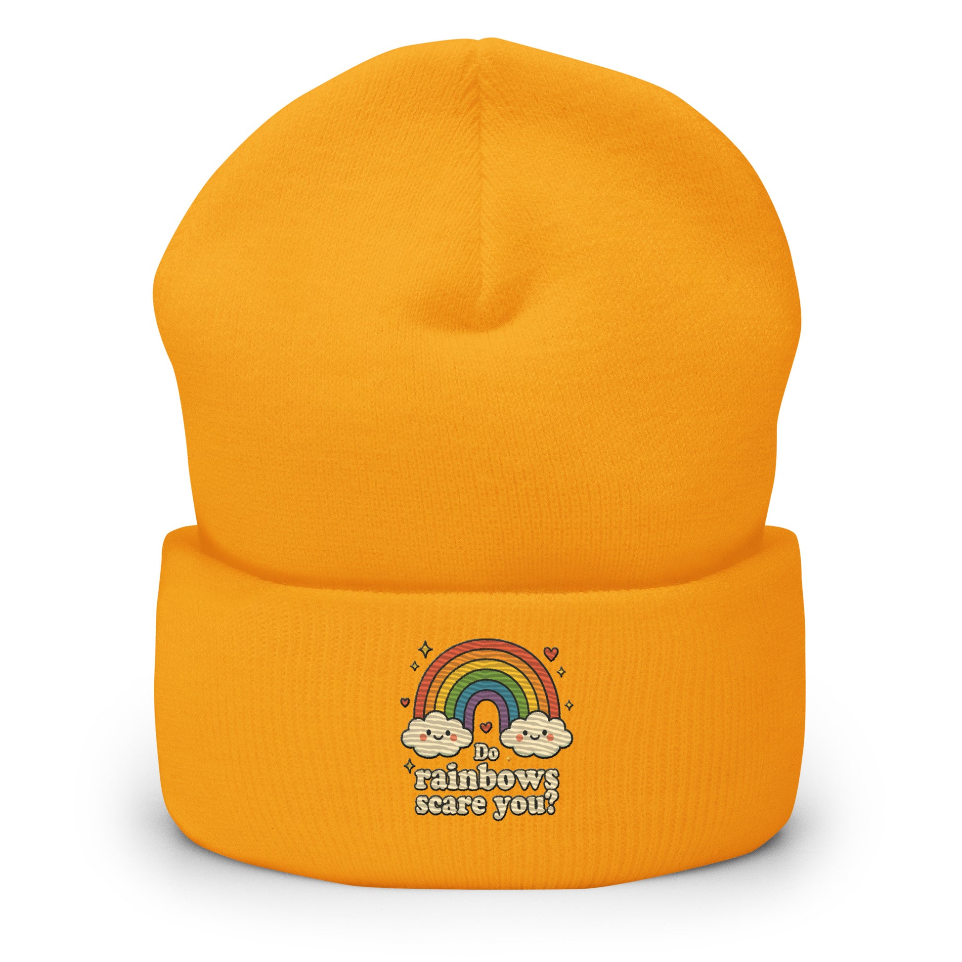 Orange beanie with rainbow and cloud design on a white background