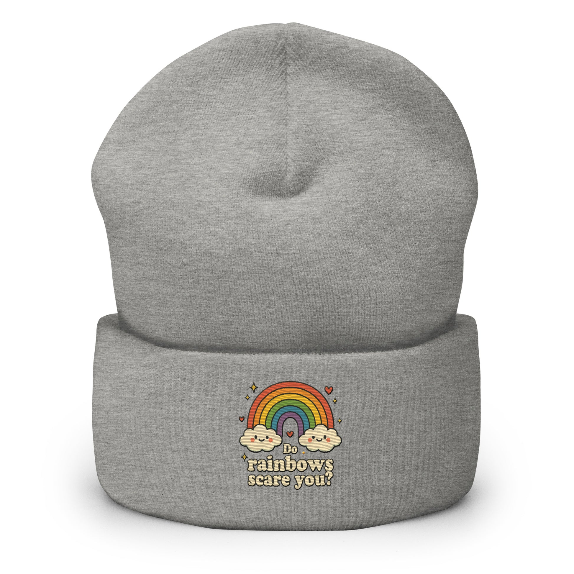 Gray beanie with rainbow and cloud design on a white background