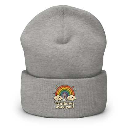 Gray beanie with rainbow and cloud design on a white background