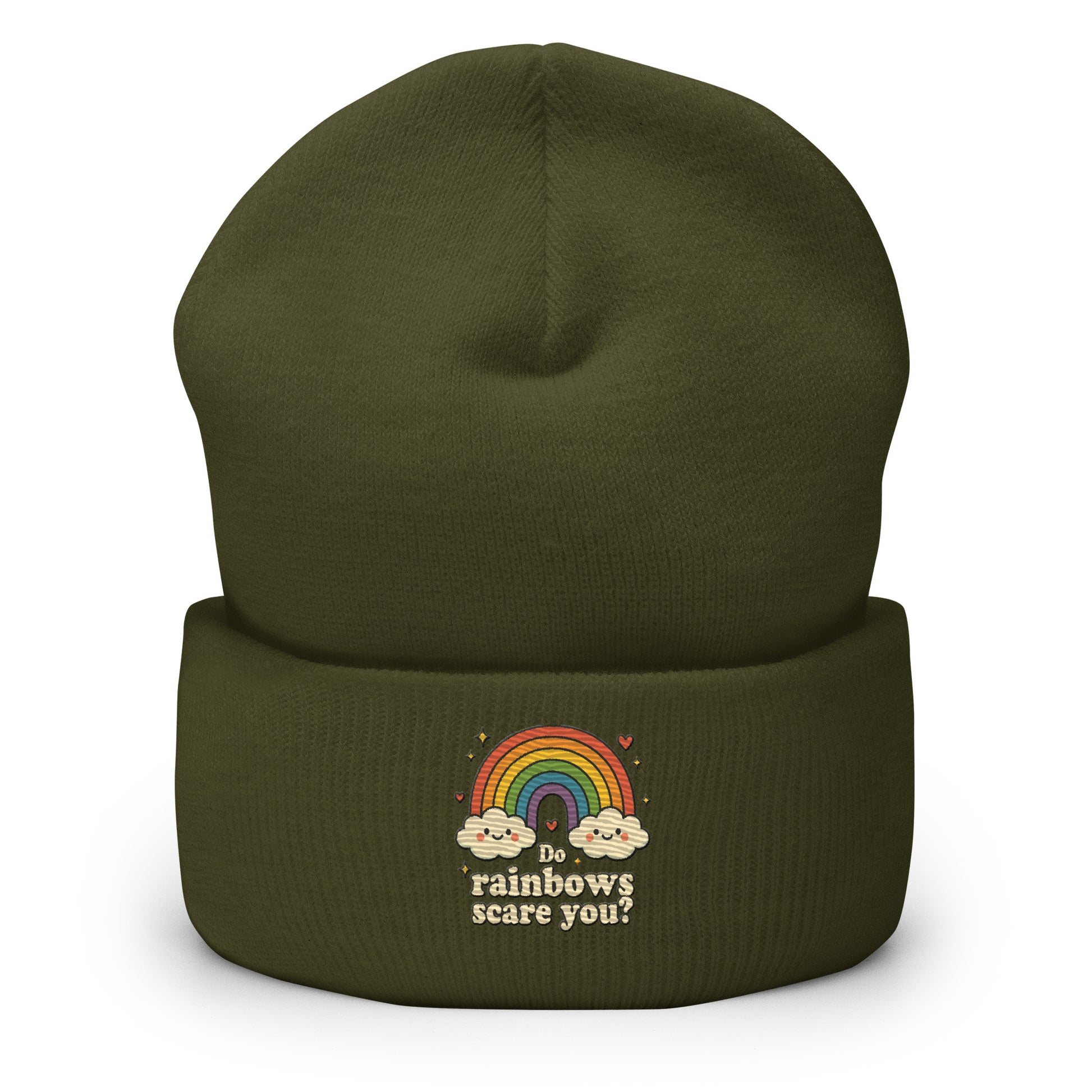 Green beanie with rainbow and cloud design on a white background