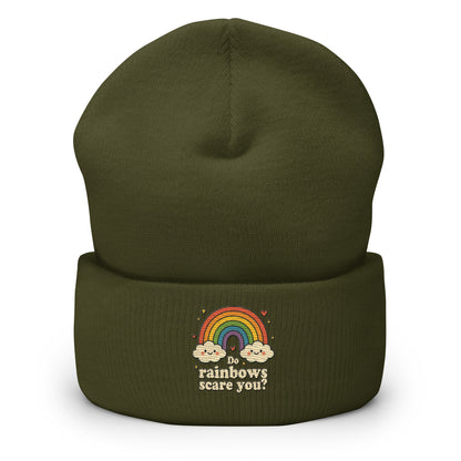 Green beanie with rainbow and cloud design on a white background