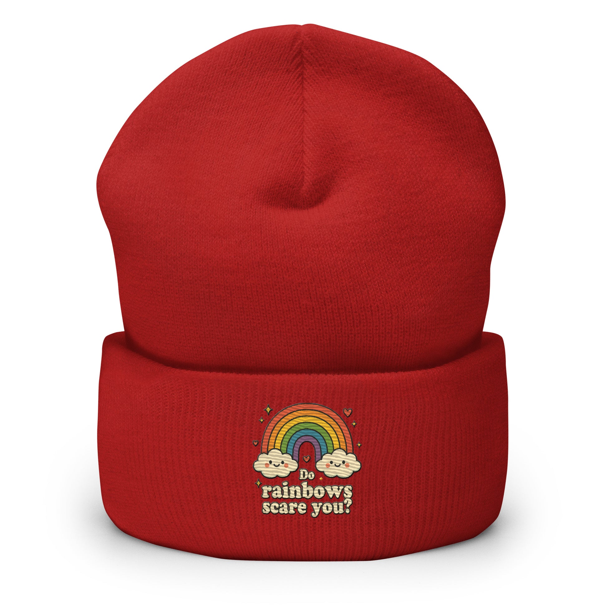 Red beanie with rainbow and cloud design on a white background
