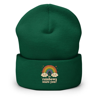 Green beanie with rainbow and cloud design on a white background
