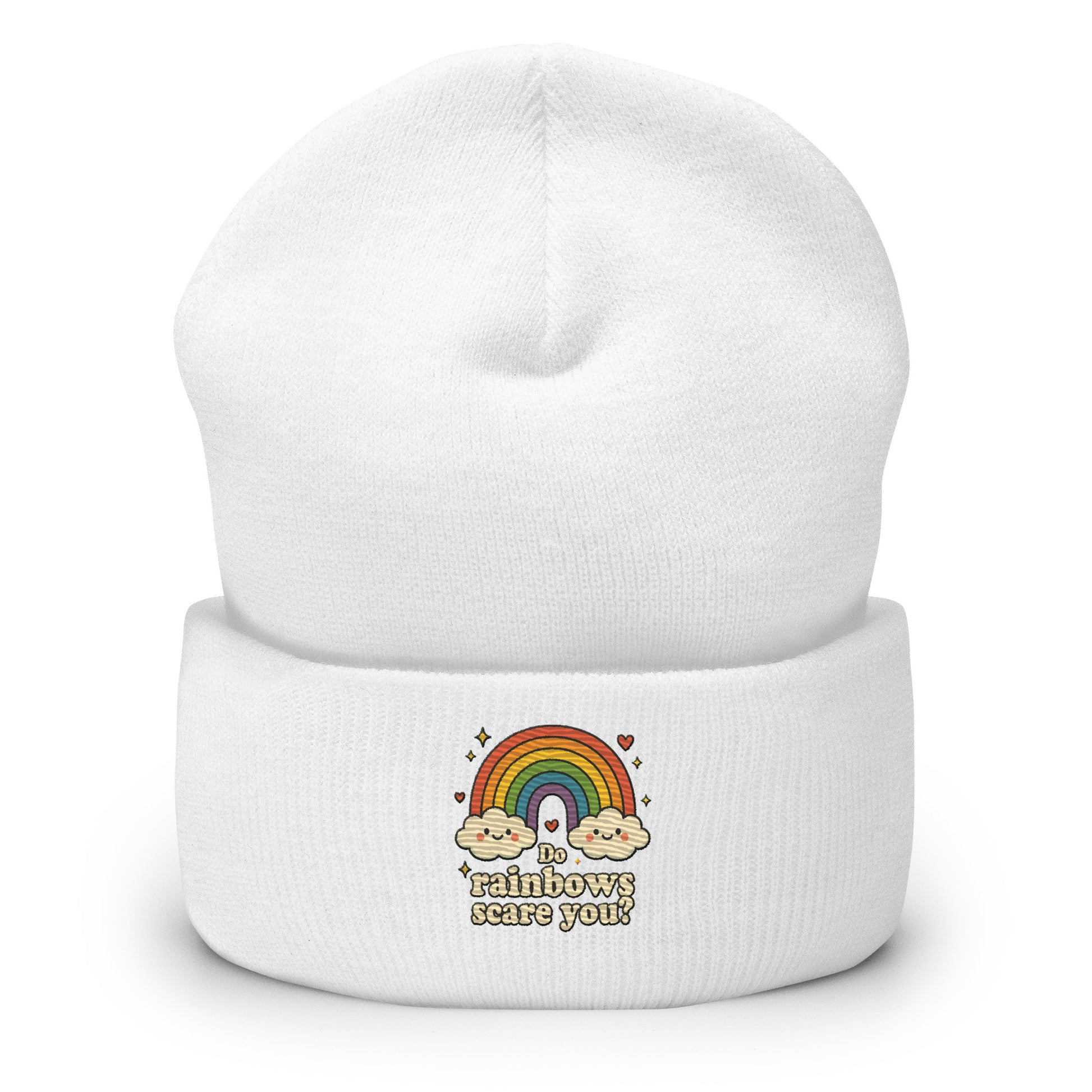 White beanie with rainbow and cloud design on a white background