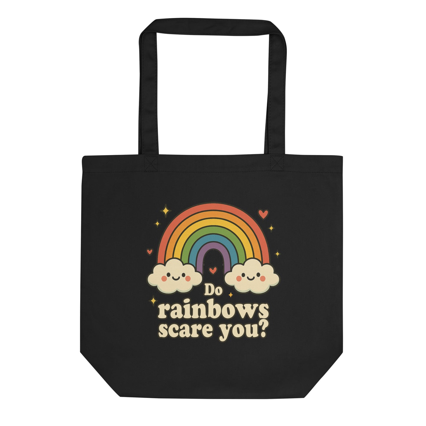 Black tote bag with a rainbow and cloud design, featuring the text 'Do rainbows scare you?'.