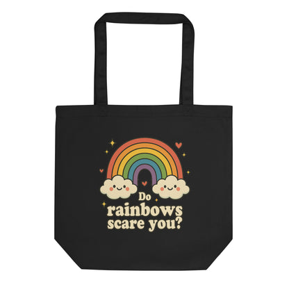 Black tote bag with a rainbow and cloud design, featuring the text 'Do rainbows scare you?'.