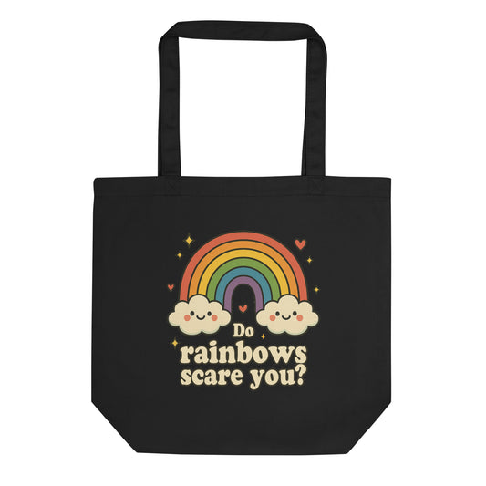 Black tote bag with a rainbow and cloud design, featuring the text 'Do rainbows scare you?'.