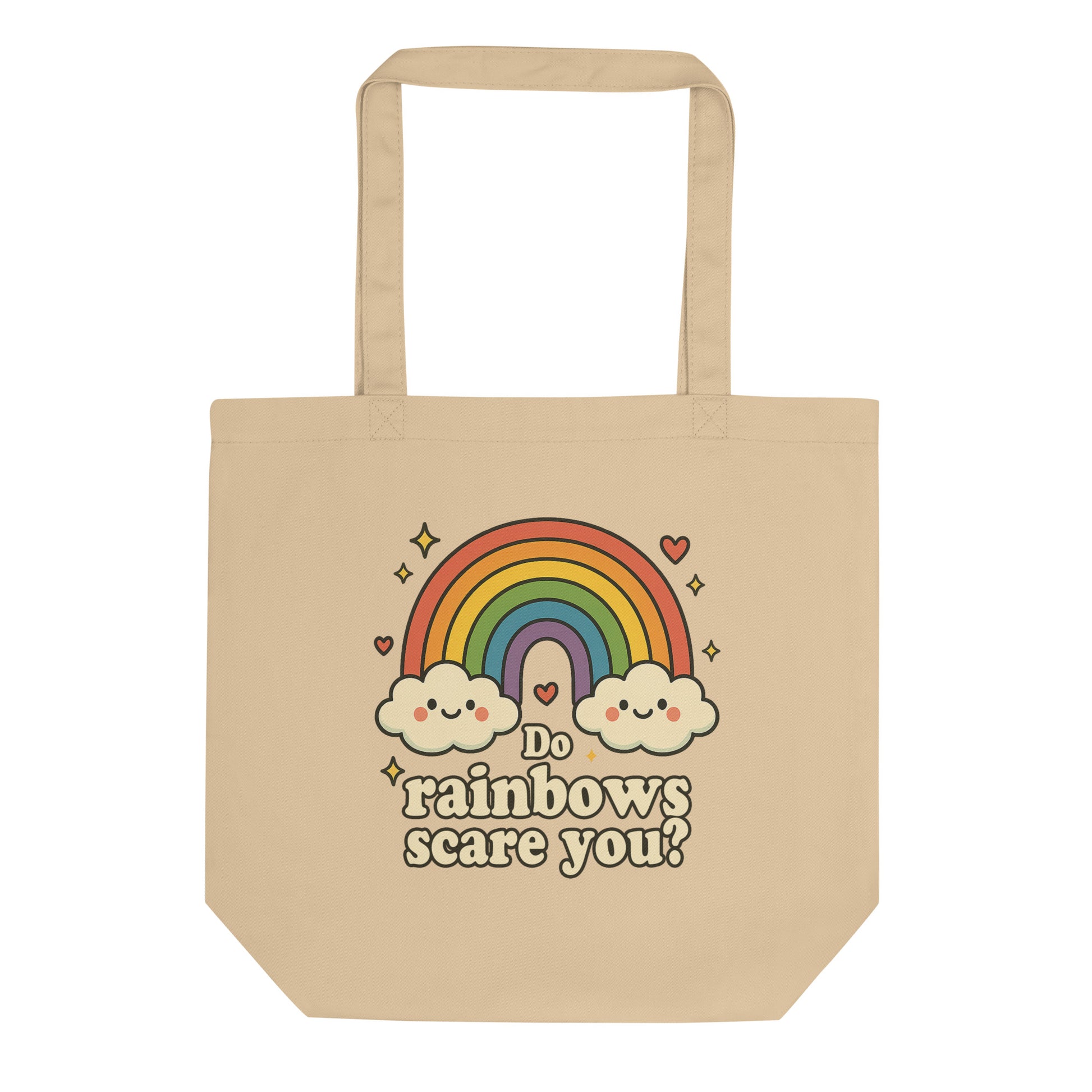 Beige tote bag with a rainbow and cloud design and text on a white background