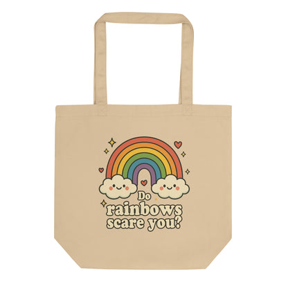 Beige tote bag with a rainbow and cloud design and text on a white background