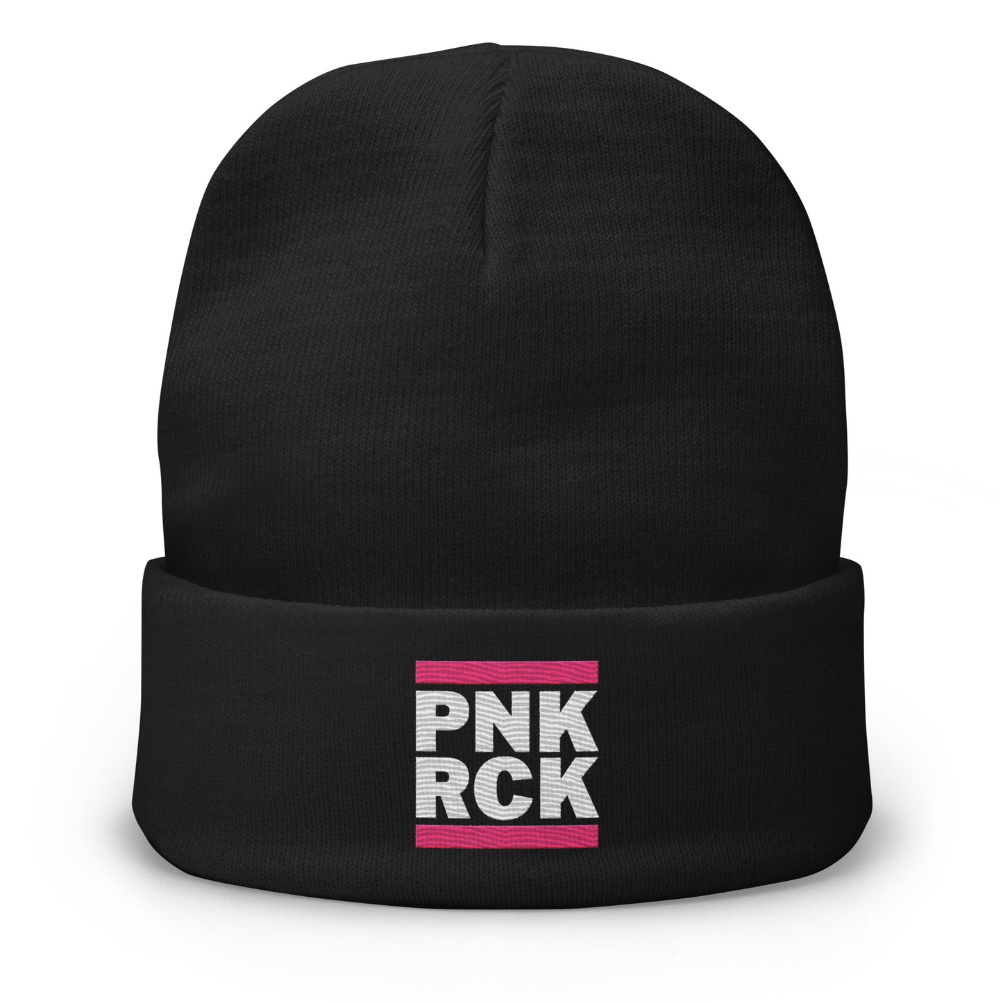 Black beanie with 'PNK RCK' text on a white background