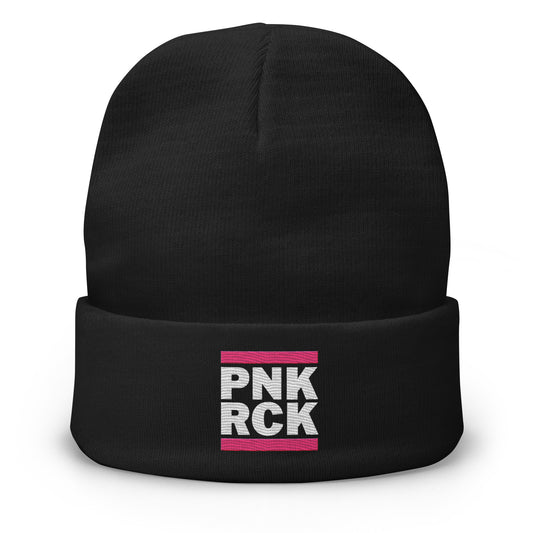 Black beanie with 'PNK RCK' text on a white background