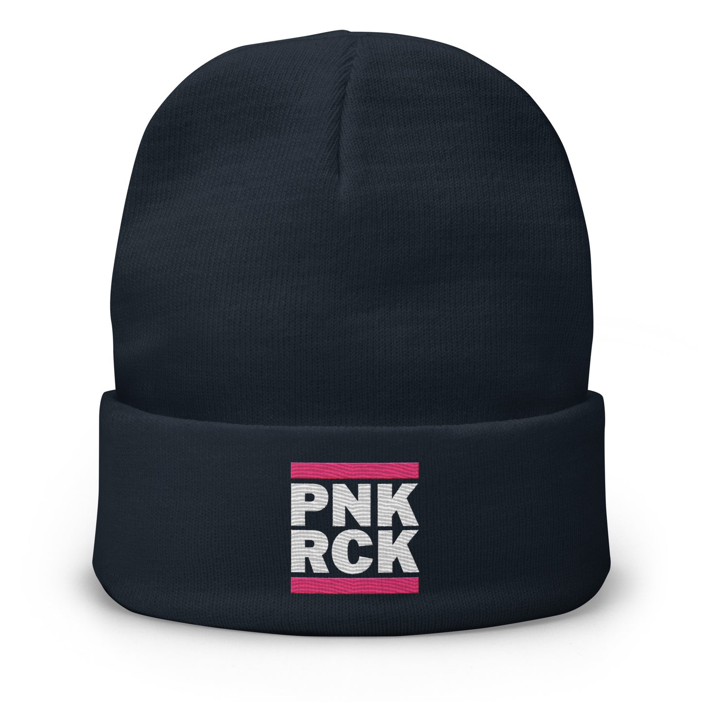 Black beanie with 'PNK RCK' logo on a white background