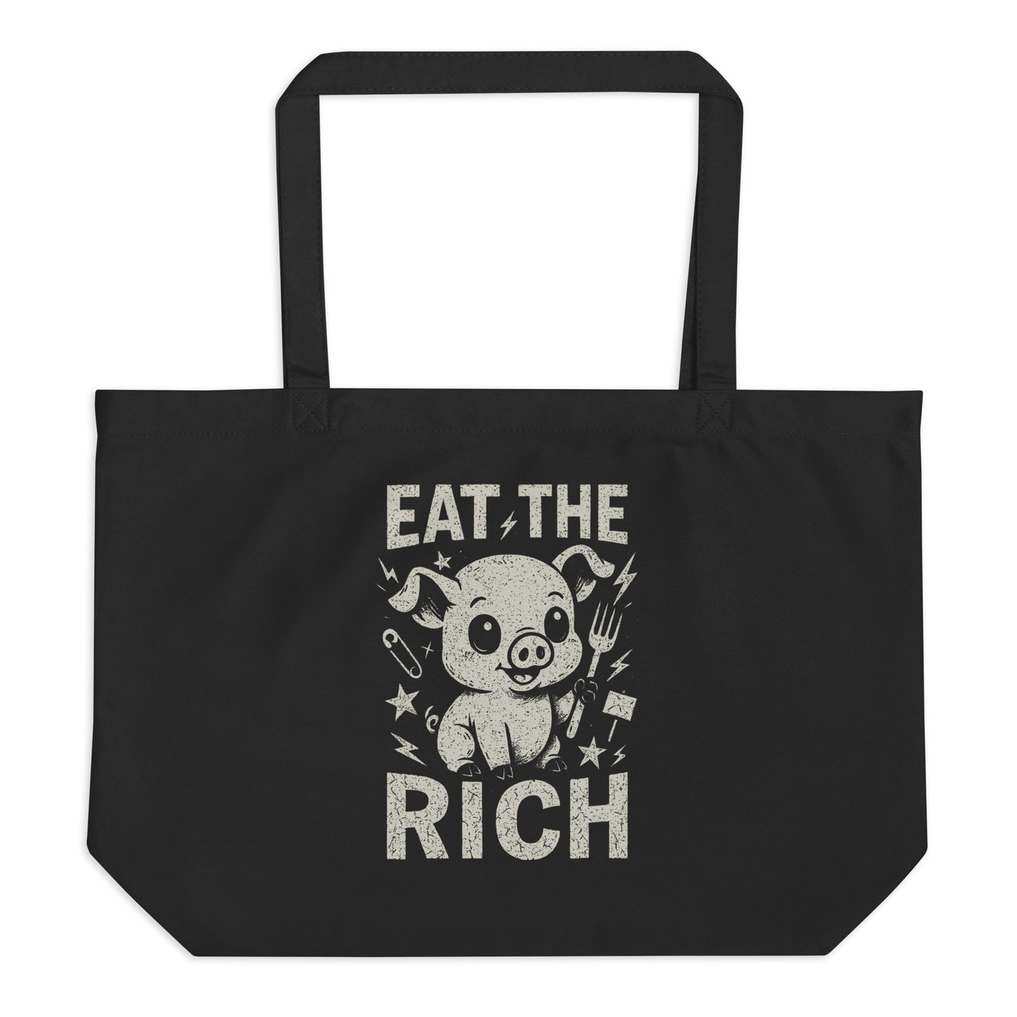 Black tote bag with a graphic of a pig and text 'Eat the Rich' on a white background