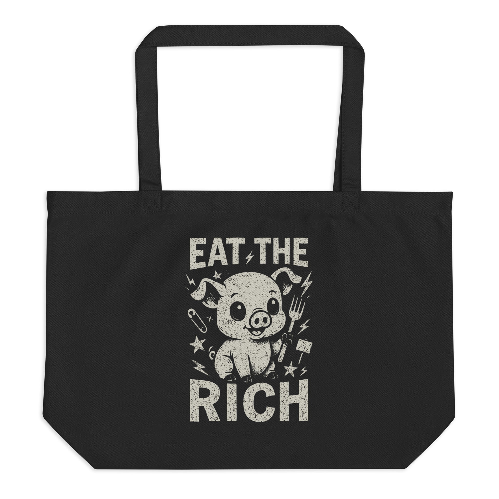 Black tote bag with a graphic of a pig and text 'Eat the Rich' on a white background