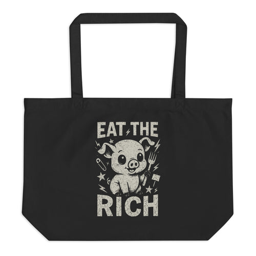 Black tote bag with a graphic of a pig and text 'Eat the Rich' on a white background