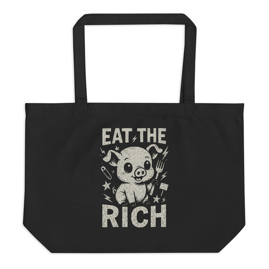 Black tote bag with a graphic of a pig and text 'Eat the Rich' on a white background
