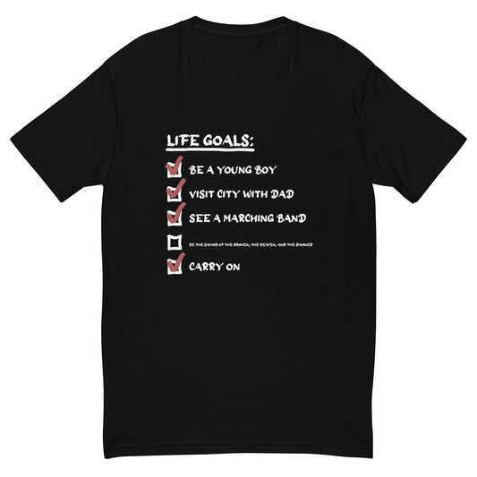 Black unisex t-shirt with bold Carry On checklist design inspired by emo nostalgia and sarcastic humor