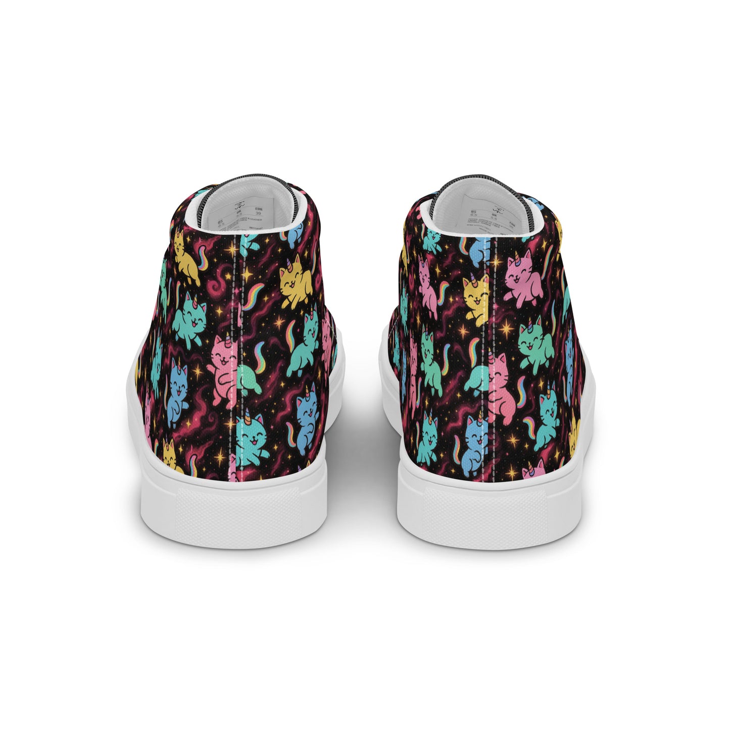 High-top sneakers with a colorful cat pattern on a white background
