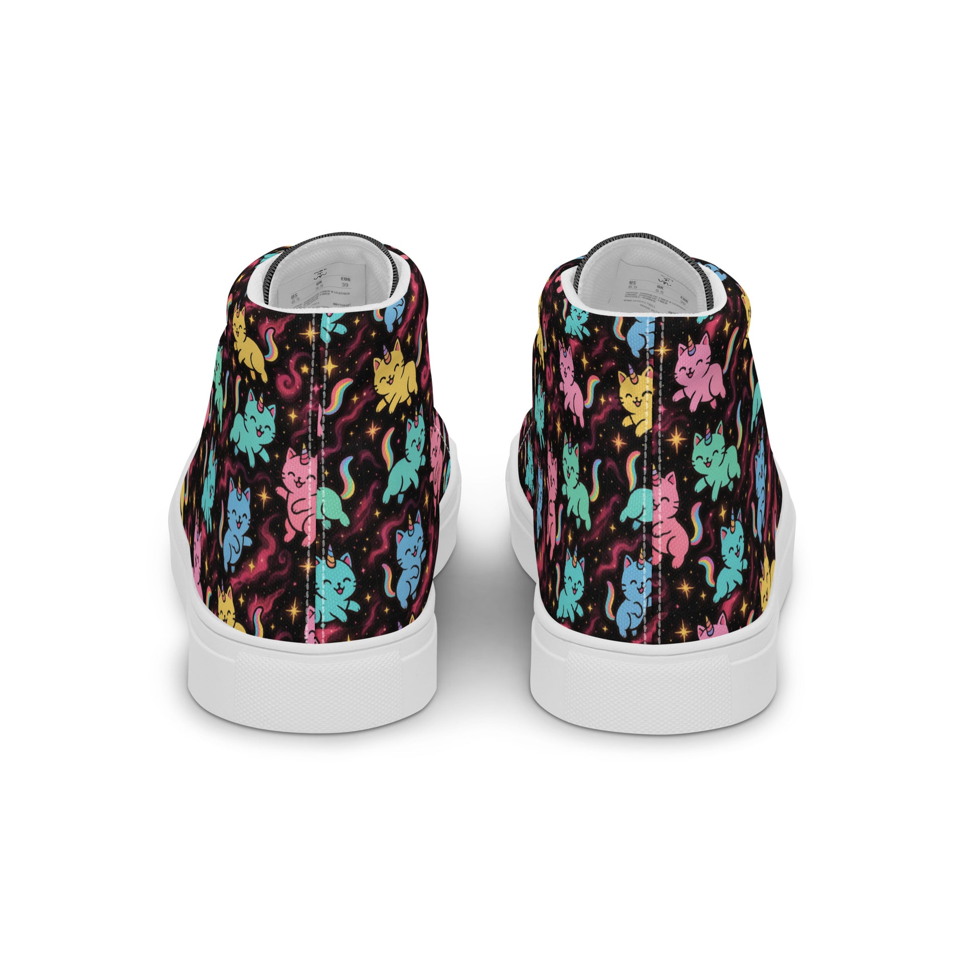 High-top sneakers with a colorful cat pattern on a white background