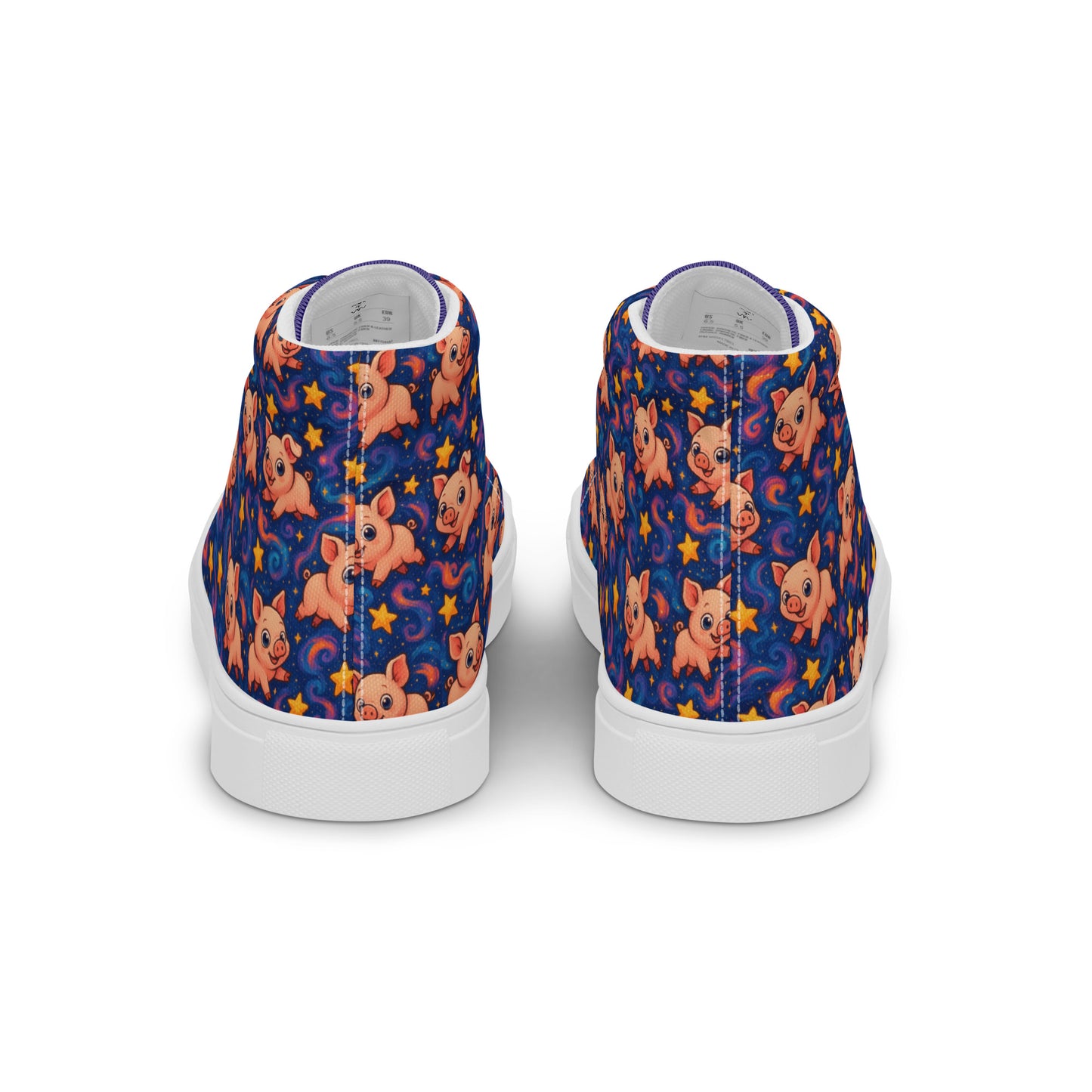 High-top sneakers with a cartoon pig pattern on a blue background