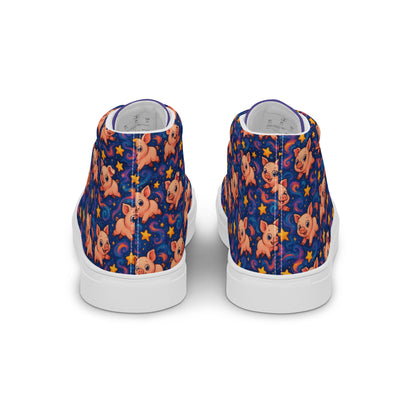 High-top sneakers with a cartoon pig pattern on a blue background