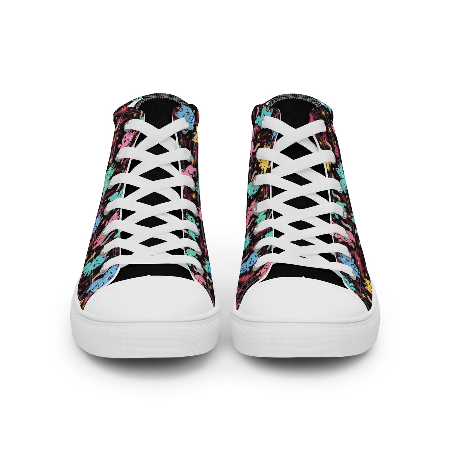 Pair of high-top sneakers with colorful pattern and white laces on a white background