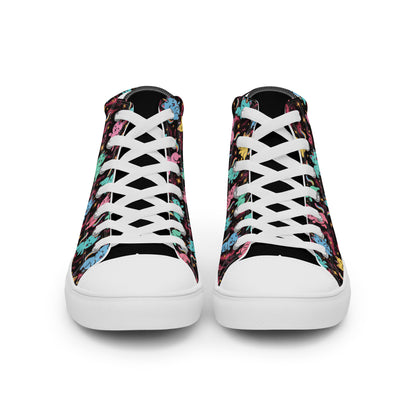 Pair of high-top sneakers with colorful pattern and white laces on a white background