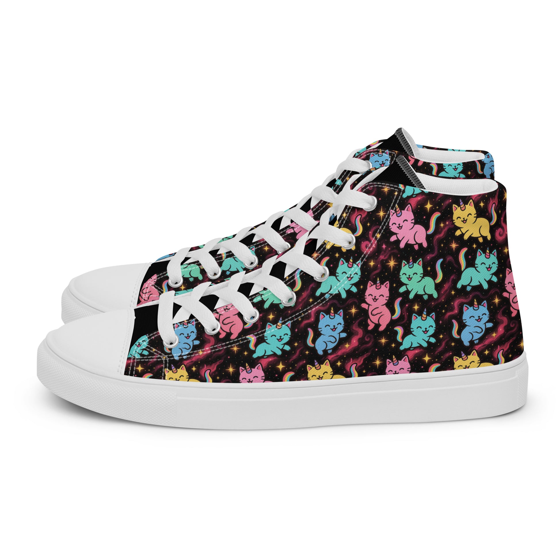 High-top sneakers with colorful cat and unicorn pattern on a black background