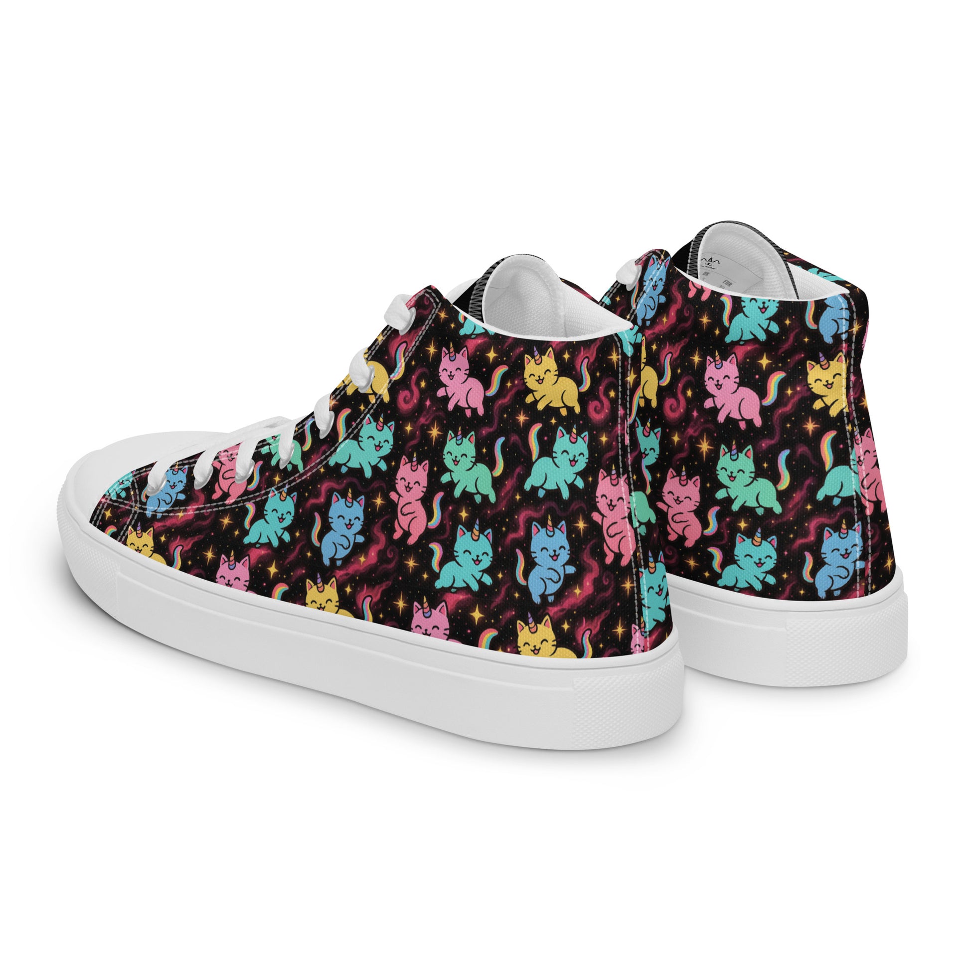 High-top sneakers with colorful cat pattern on a white background