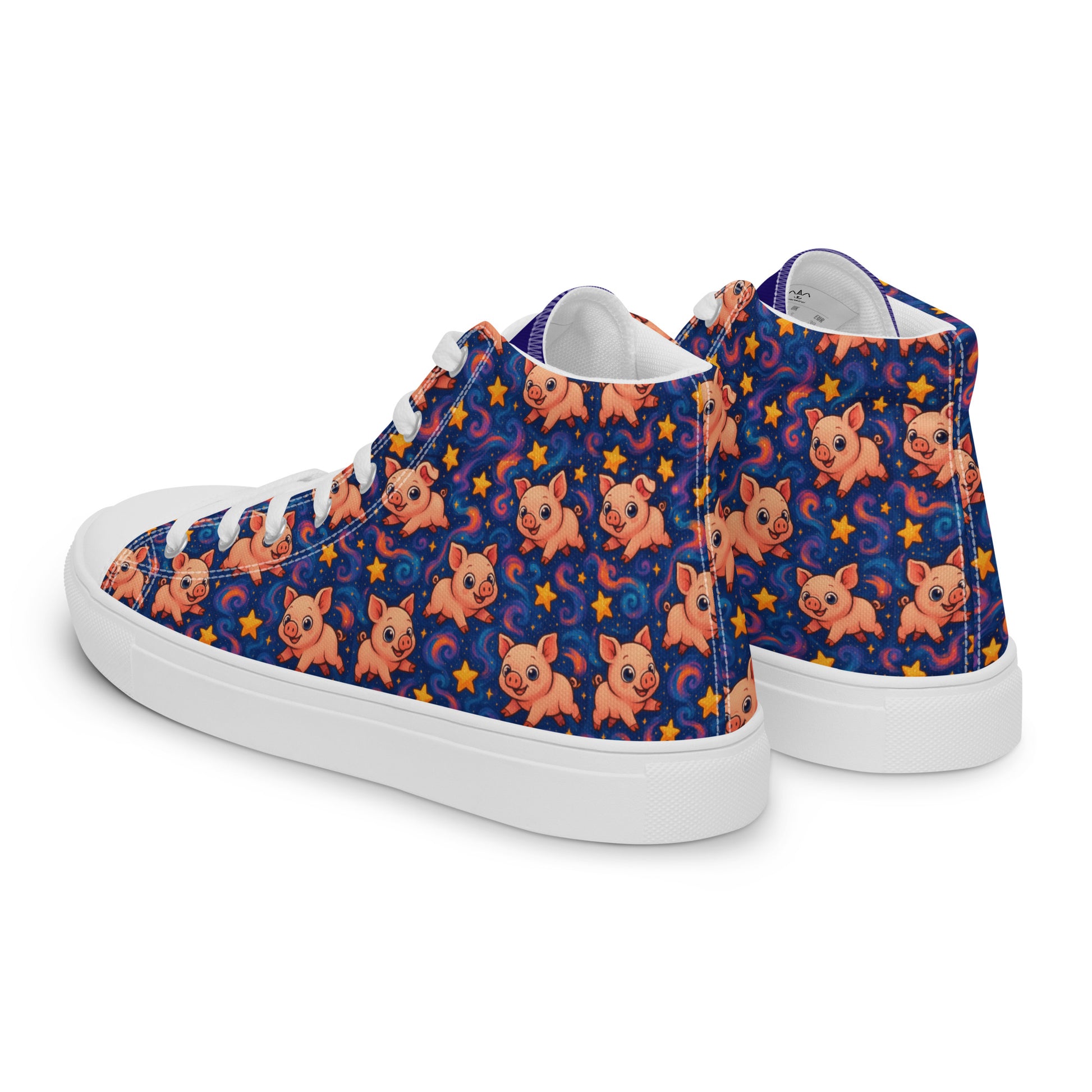 Pair of high-top sneakers with pig pattern on a white background
