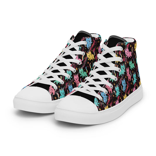 Pair of high-top sneakers with colorful cat pattern on a white background